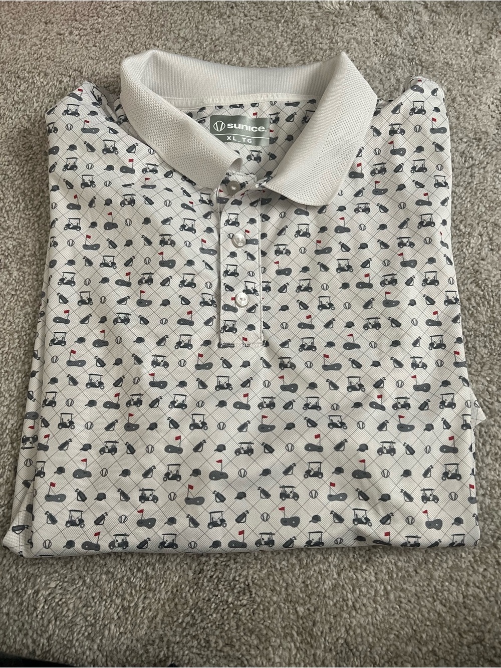 Sunice White Polo with Mini Golf Cart and Flag Print